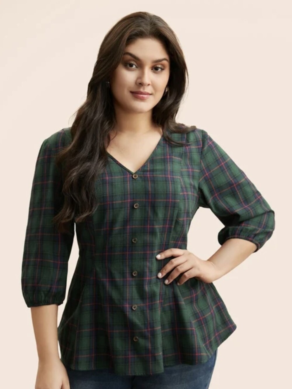 NWT BloomChic Plaid Button Detail Lantern Sleeve Blouse from - Size 12